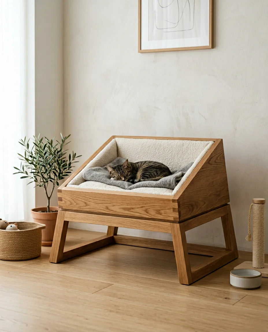 Trapezoid Pedestal Low Bed | Geometric Artisan Wooden Pet Nest