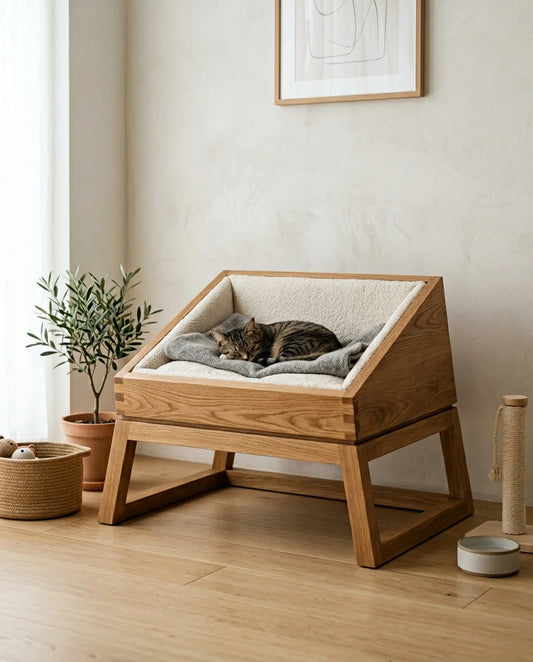 Trapezoid Pedestal Low Bed | Geometric Artisan Wooden Pet Nest