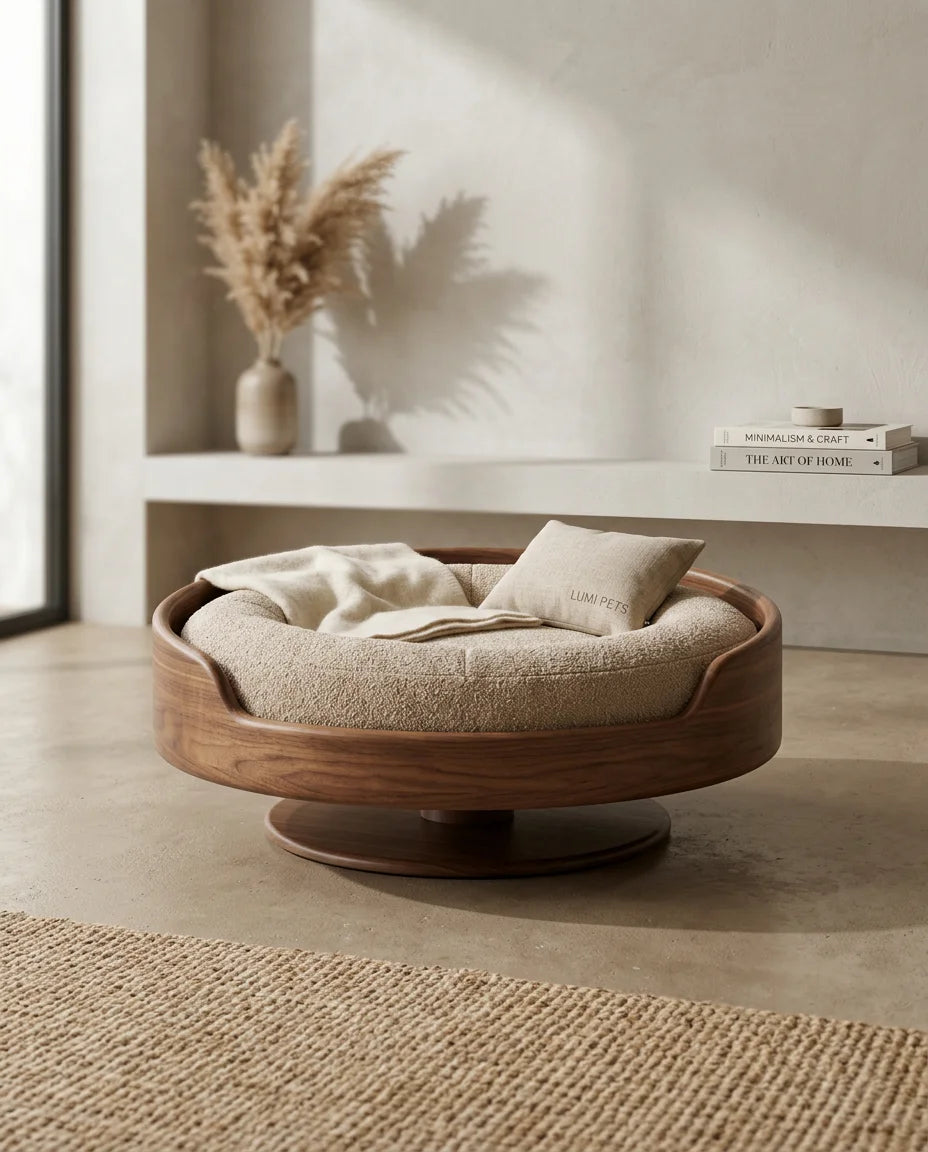 Round Pedestal Low Bed | Minimalist Artisan Wooden Pet Nest