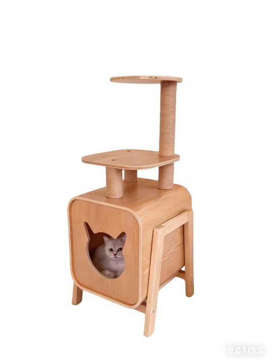 Cylinder Artisan Wooden Play Bed | Dual-Layer Cat Activity Center